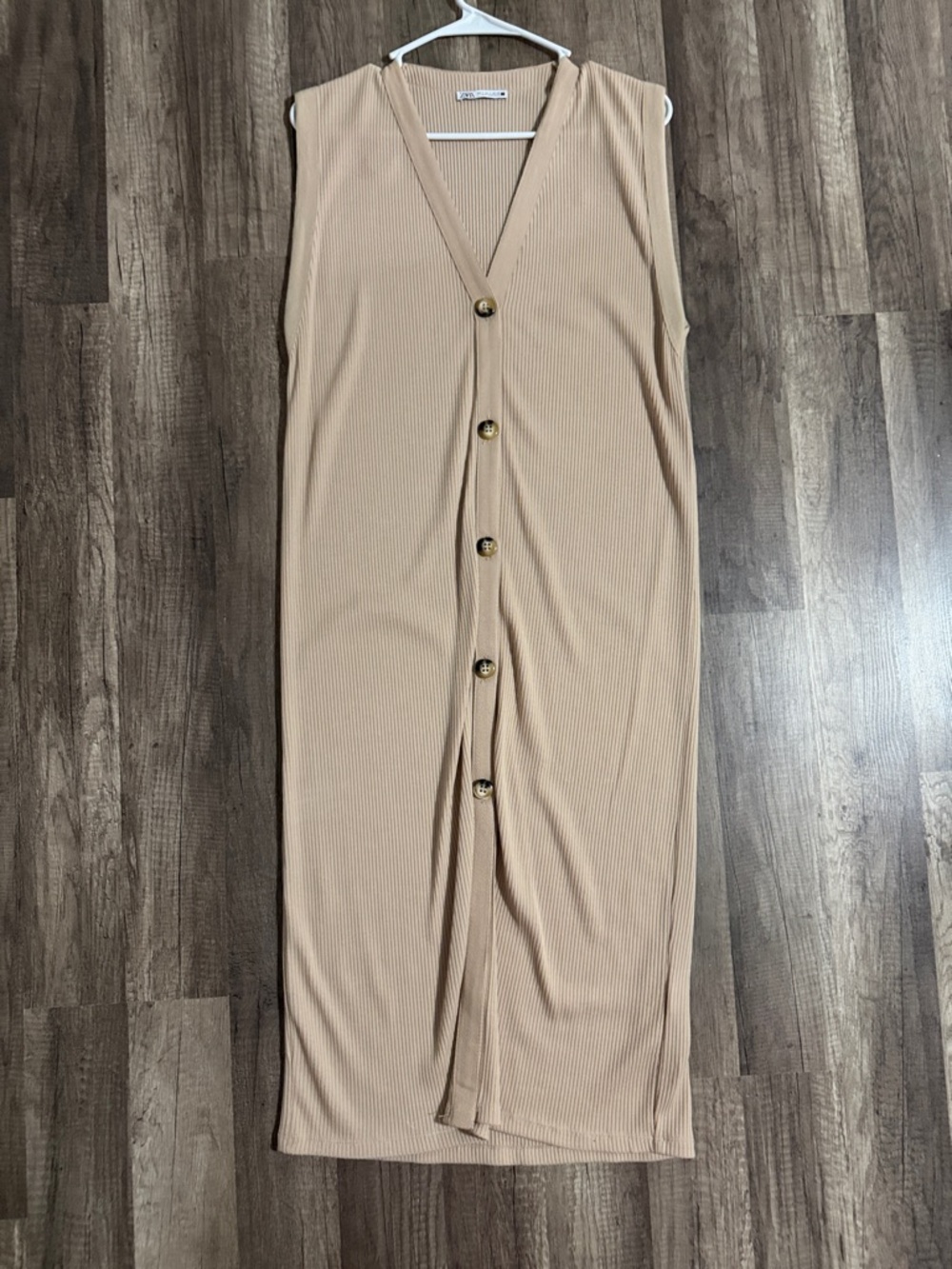 Zara Ribbed Button-Front Midi Dress in Beige